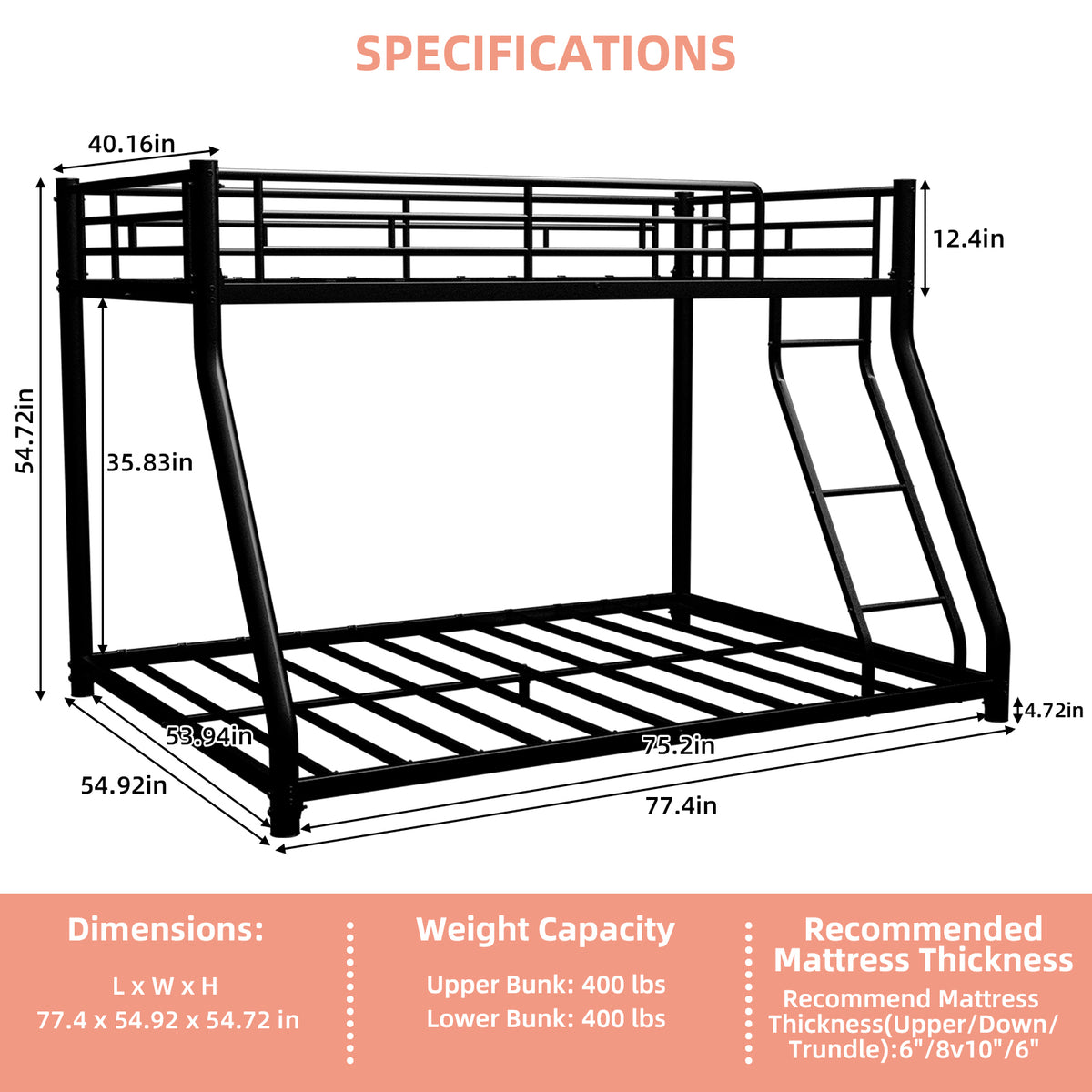 Black metal twin-over-full bunk bed frame with ladder and full-length guard rails from Anthony & Home Heritage Collection.