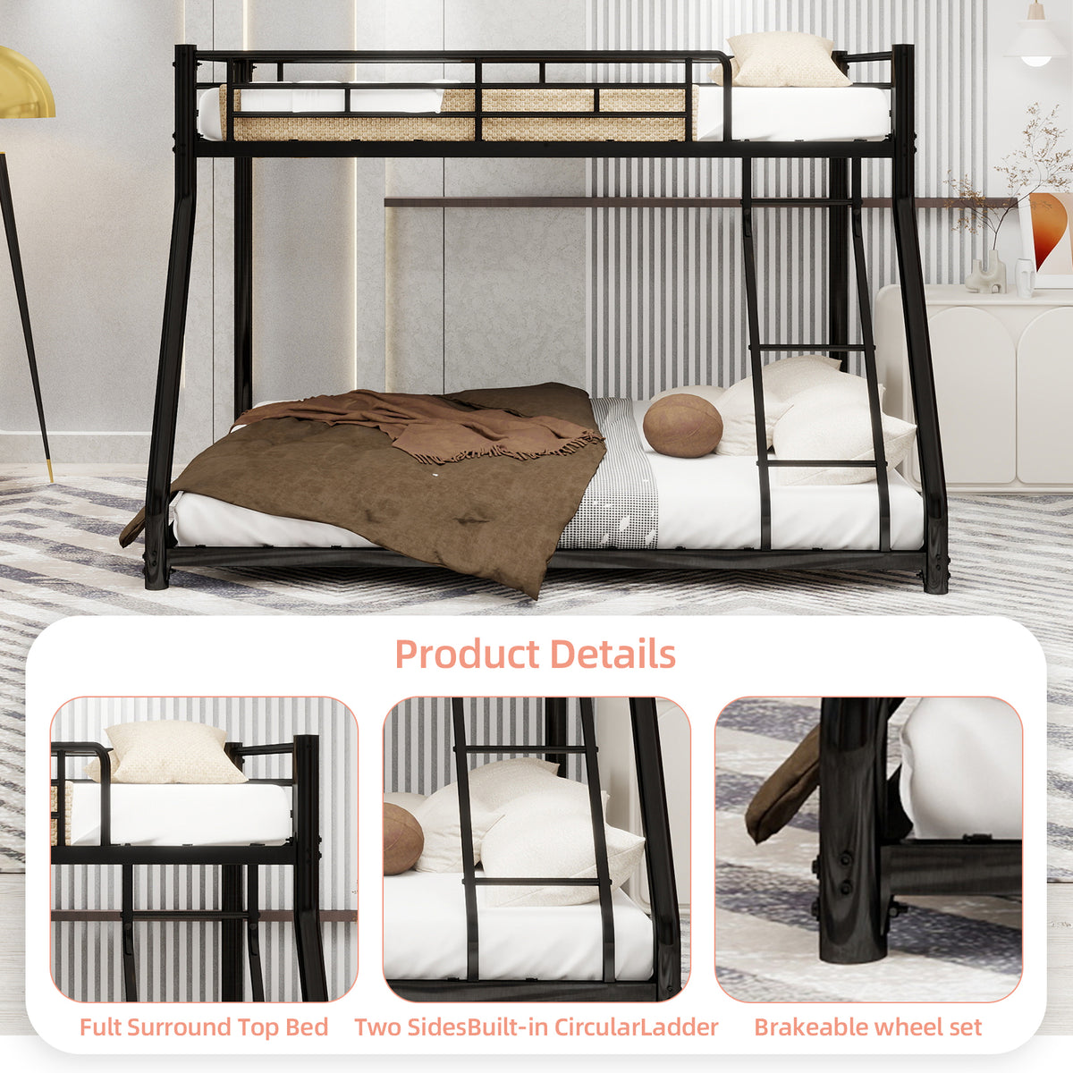 Black metal twin-over-full bunk bed frame with ladder and full-length guard rail from Anthony & Home Heritage Collection.