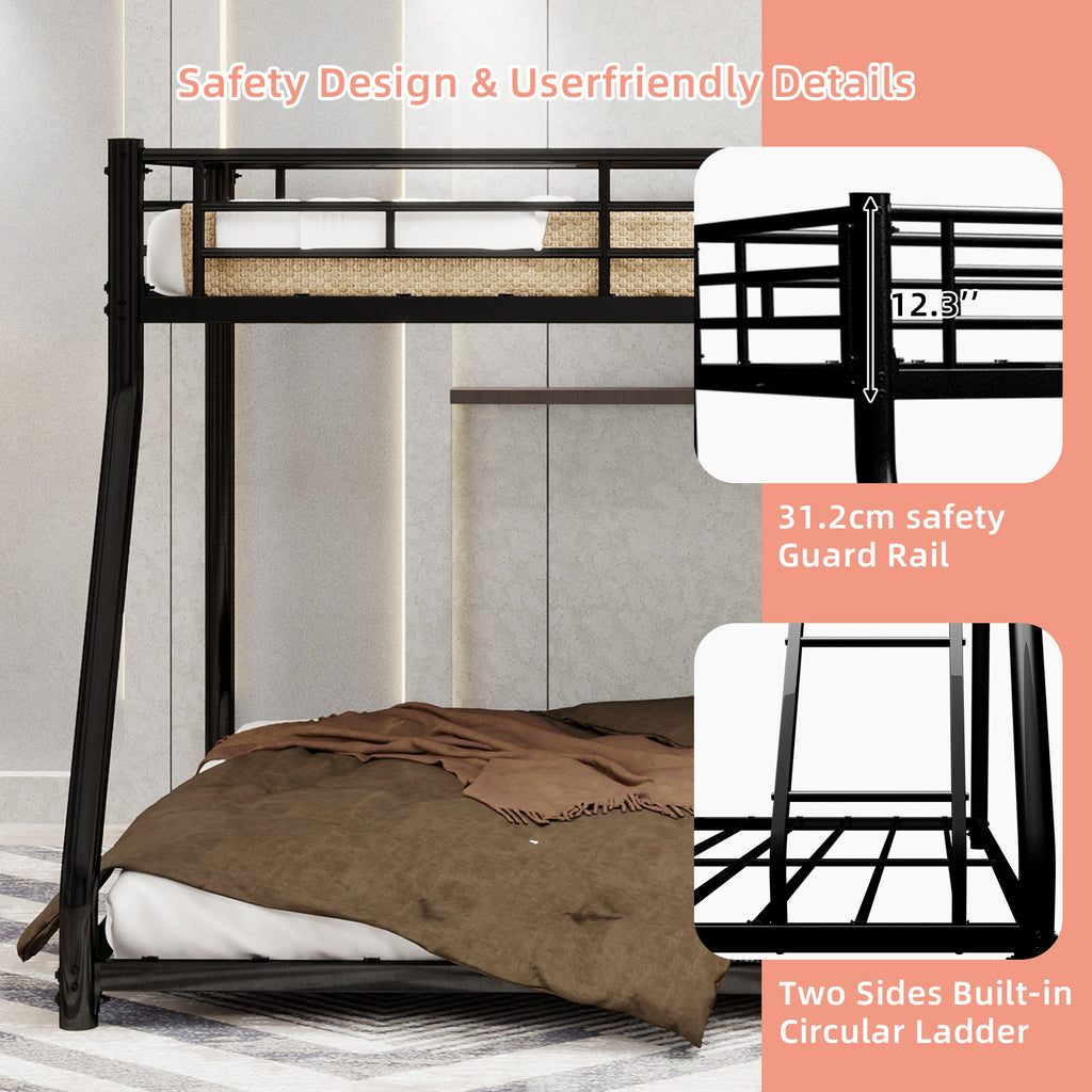 Black metal twin-over-full bunk bed frame with ladder and full-length guard rails from Anthony & Home Heritage Collection.