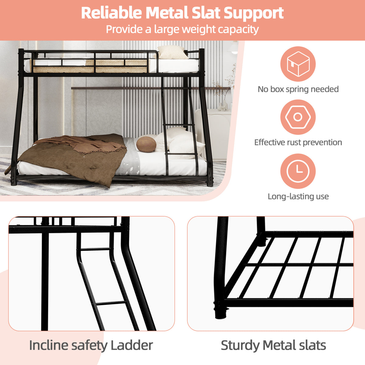 Black metal twin-over-full bunk bed frame with ladder and full-length guard rail from Anthony & Home Heritage Collection.