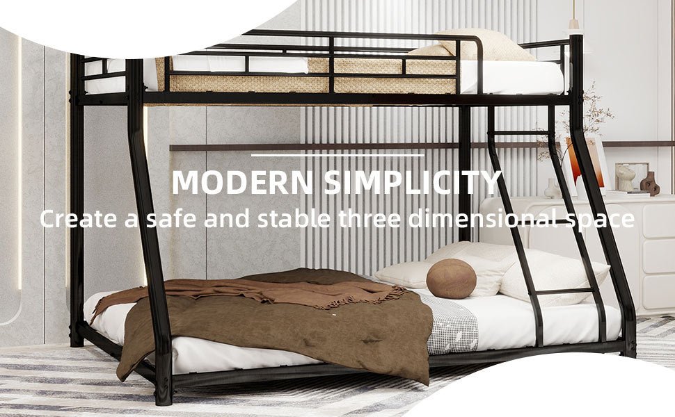 Black metal twin-over-full bunk bed frame with ladder and full-length guard rail from Anthony & Home Heritage Collection.
