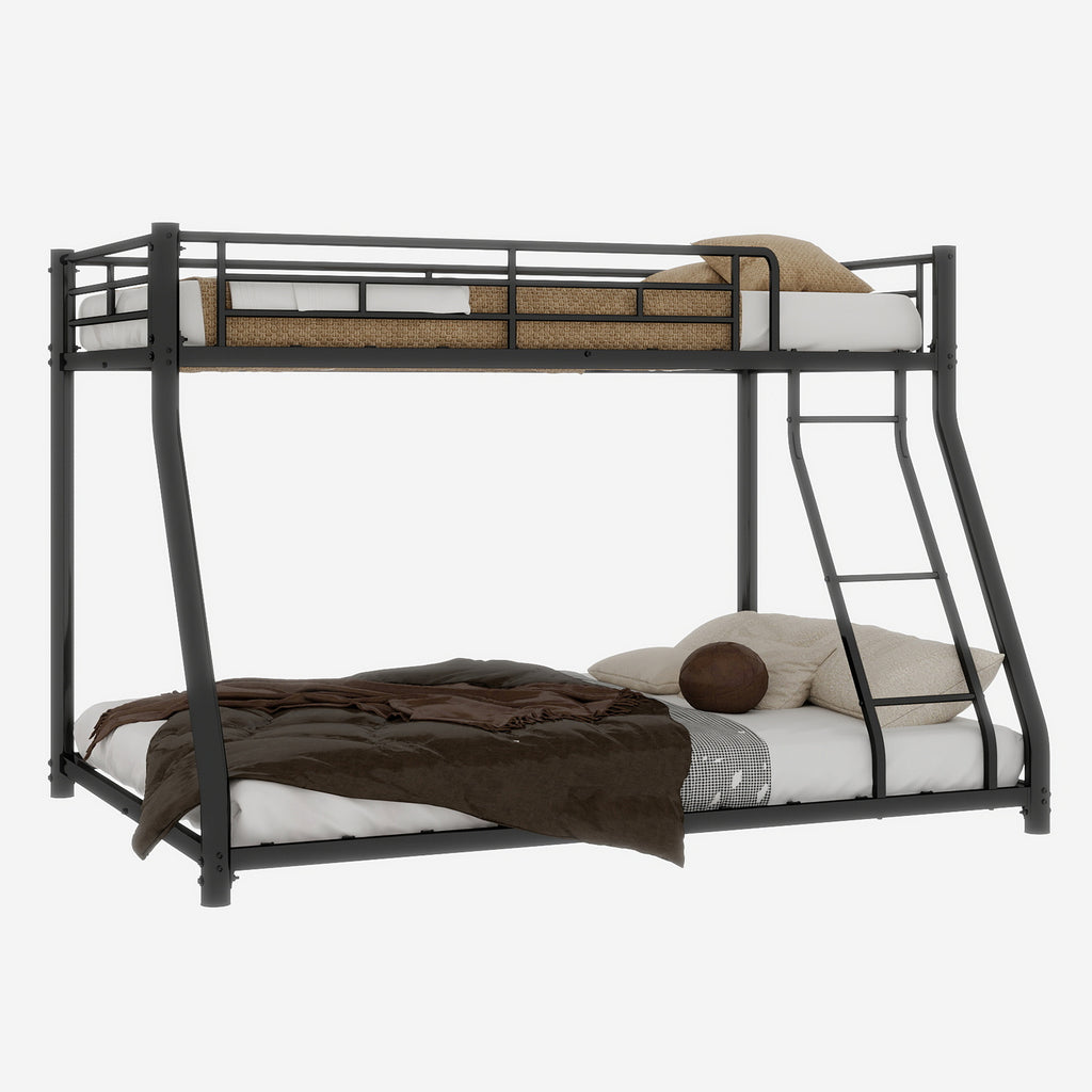 Black metal twin-over-full bunk bed frame with ladder and full-length guard rail from Anthony & Home Heritage Collection.