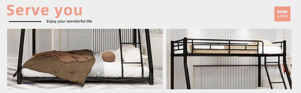 Black metal twin-over-full bunk bed frame with ladder and full-length guard rails from Anthony & Home Heritage Collection.