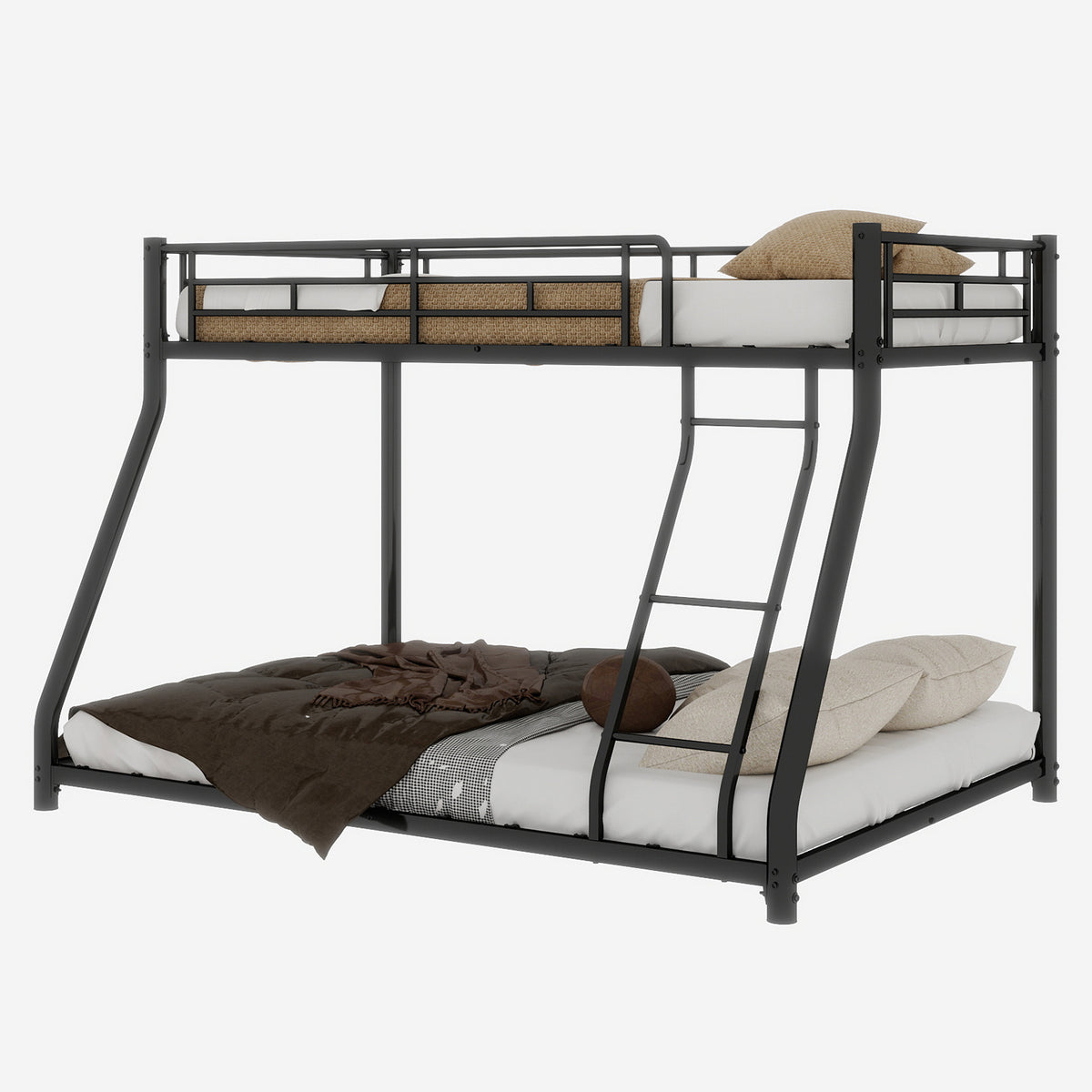 Black metal twin-over-full bunk bed frame with ladder and full-length guard rails from Anthony & Home Heritage Collection.