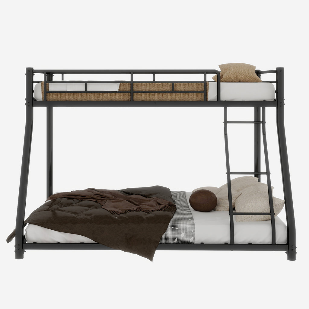 Twin-over-full black metal bunk bed frame with ladder and guard rails from Anthony & Home Heritage Collection, shown with bedding.