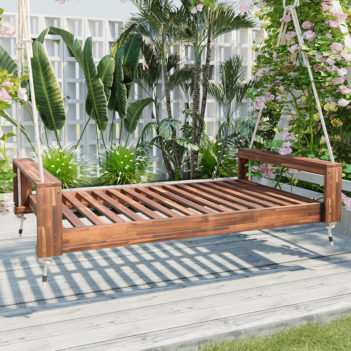 Twin size acacia wood porch swing bed with hemp ropes, natural finish, from Anthony & Home Atelier Collection, hanging outdoors.