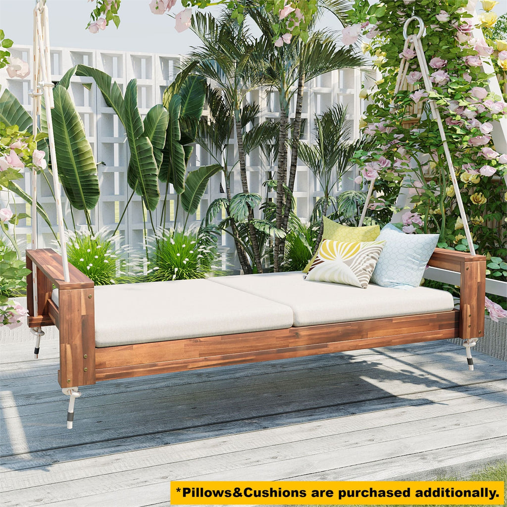 Twin size acacia wood porch swing bed with hemp ropes, natural finish, from Anthony & Home Atelier Collection, shown with cushions.