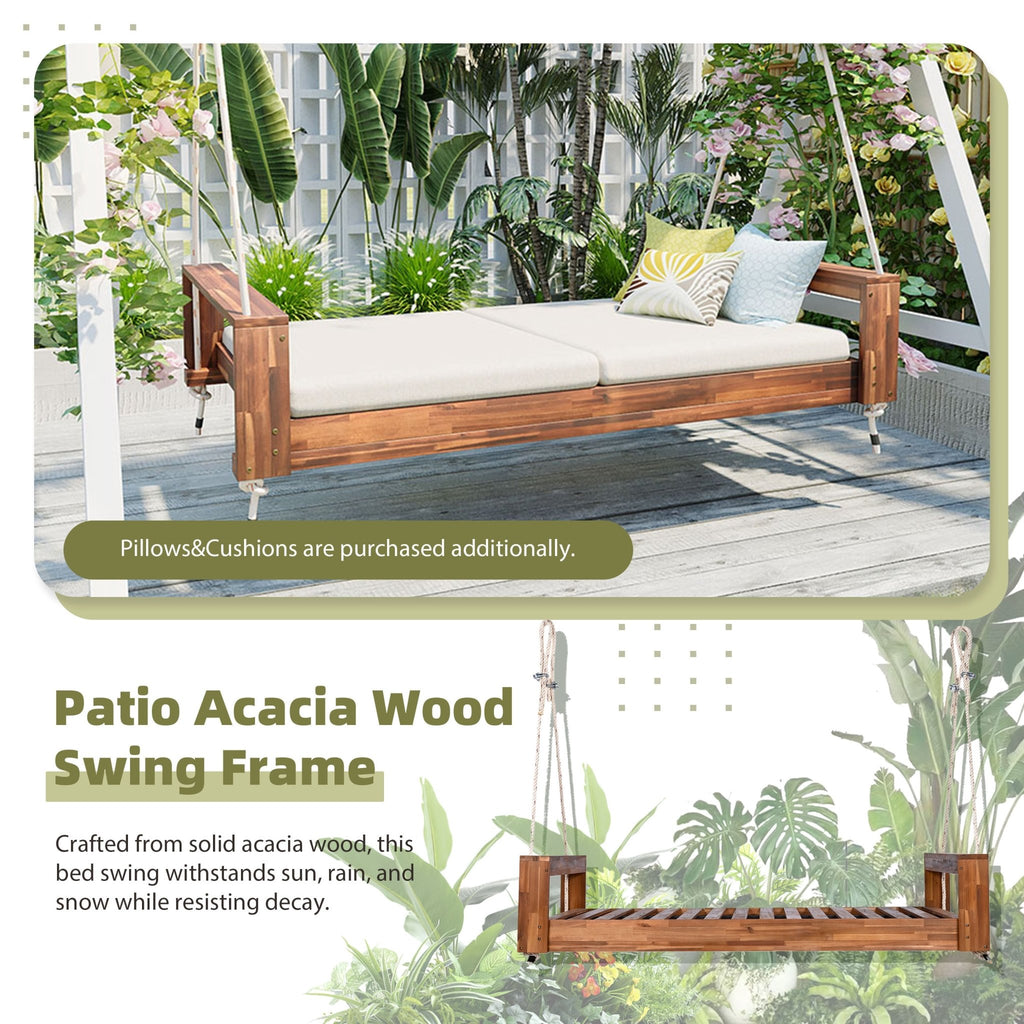 Twin size acacia wood porch swing bed with hemp ropes, natural finish, from Anthony & Home Atelier Collection, showing the swing's structure.