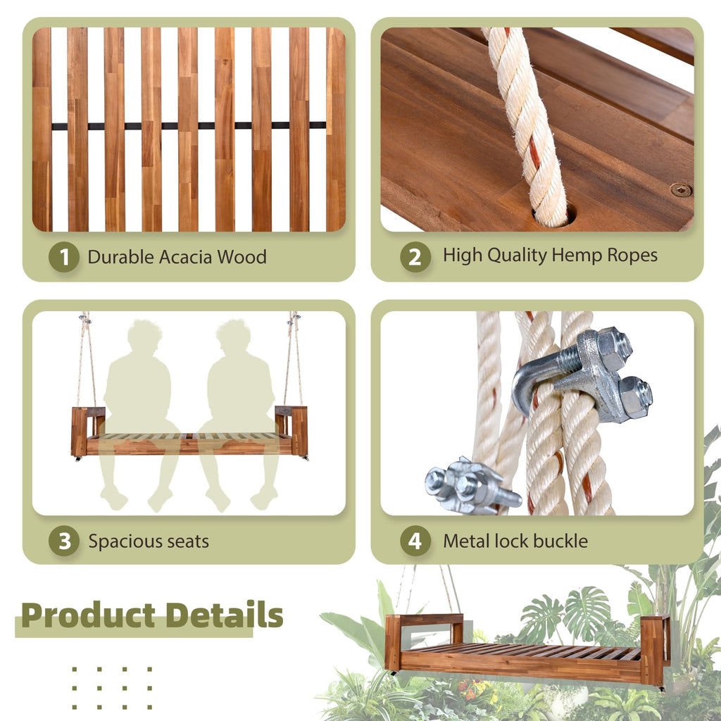 Twin size acacia wood porch swing bed with hemp ropes and natural finish, part of the Atelier Collection by Anthony & Home