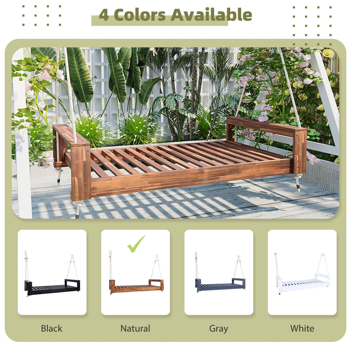 Twin size acacia wood porch swing bed with hemp ropes from Anthony & Home's Atelier Collection, natural finish, outdoor relaxation furniture