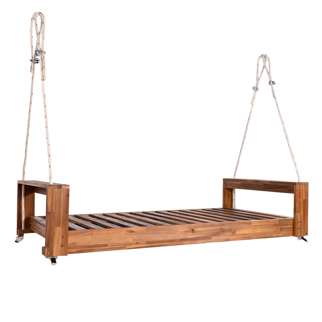 Twin size acacia wood porch swing bed with hemp ropes, natural finish from Anthony & Home's Atelier Collection