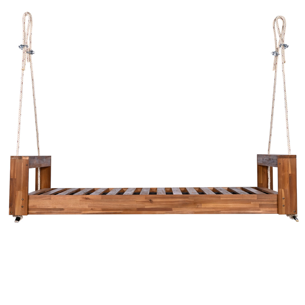 Twin size acacia wood porch swing bed with hemp ropes, natural finish from Anthony & Home Atelier Collection, ideal for outdoor relaxation.