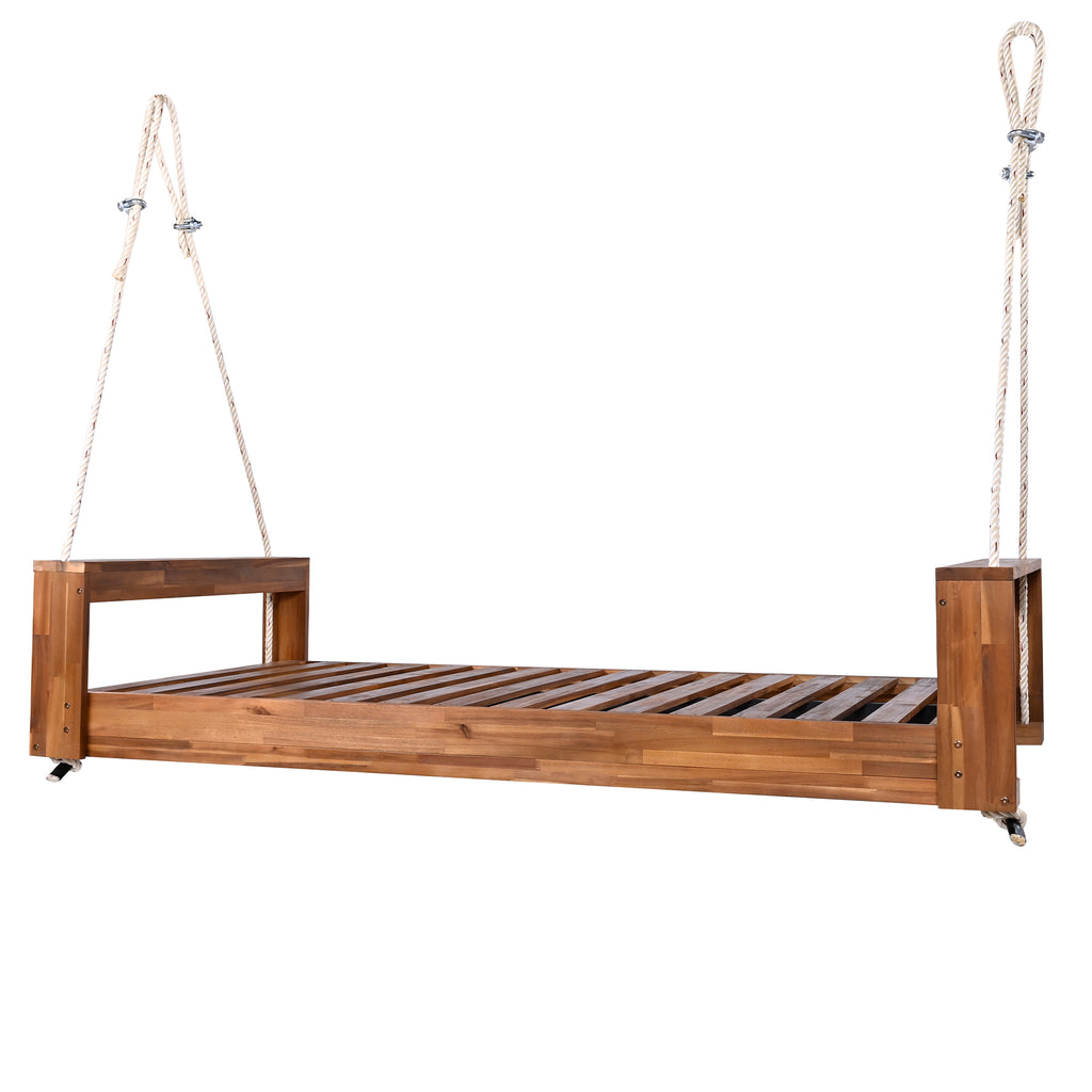 Twin size acacia wood porch swing bed with hemp ropes, natural finish from Anthony & Home Atelier Collection, shown hanging outdoors