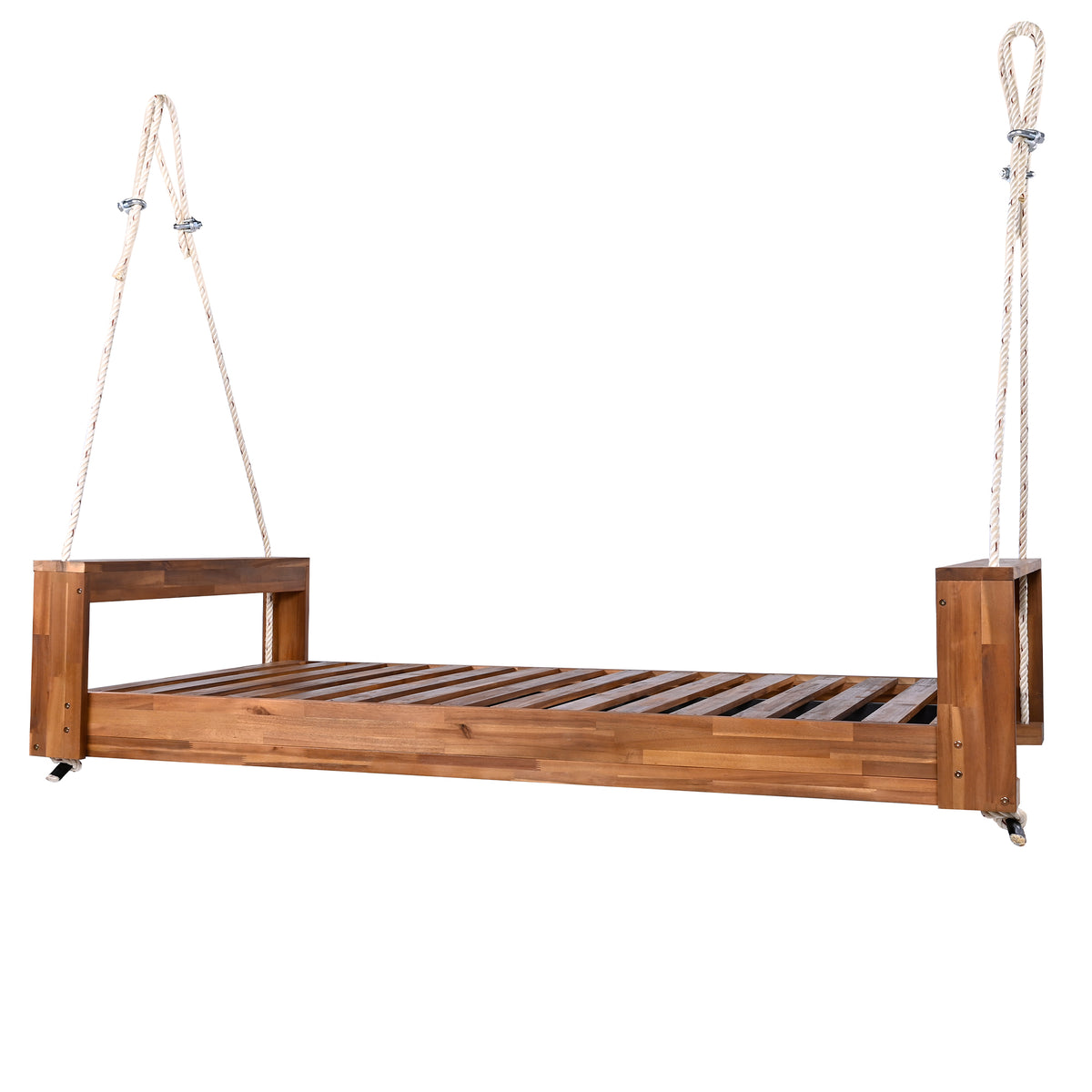 Twin size acacia wood porch swing bed with hemp ropes, natural finish from Anthony & Home Atelier Collection, shown hanging outdoors