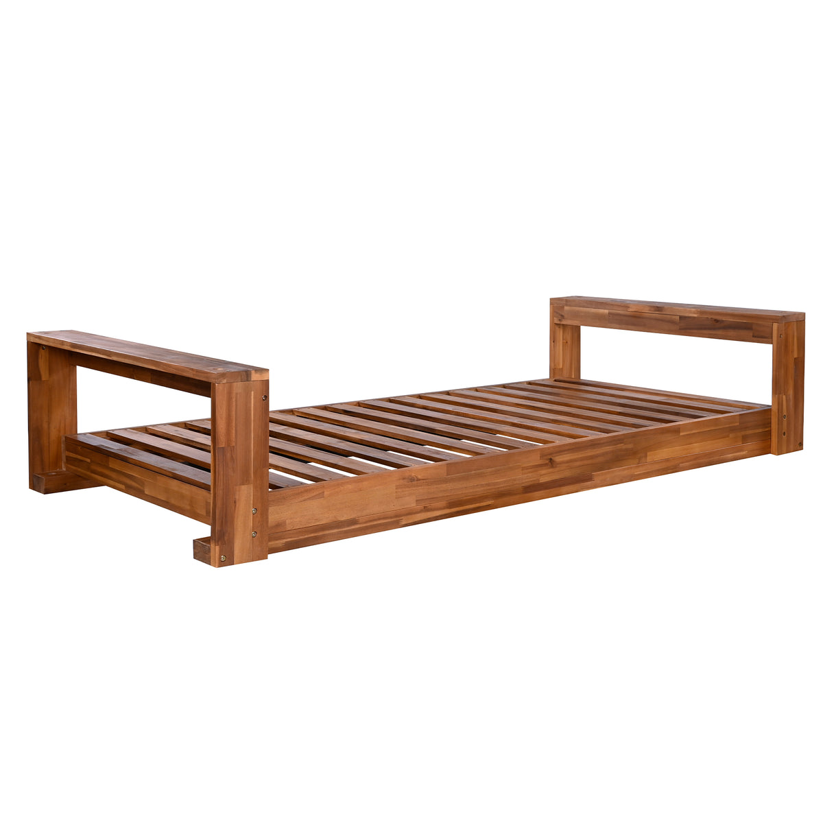 Twin size acacia wood porch swing bed with hemp ropes from Anthony & Home's Atelier Collection, natural finish, outdoor relaxation furniture