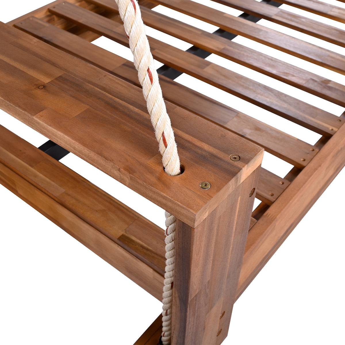 Twin size Acacia wood porch swing bed with hemp ropes from Anthony & Home's Atelier Collection, natural finish, outdoor relaxation furniture