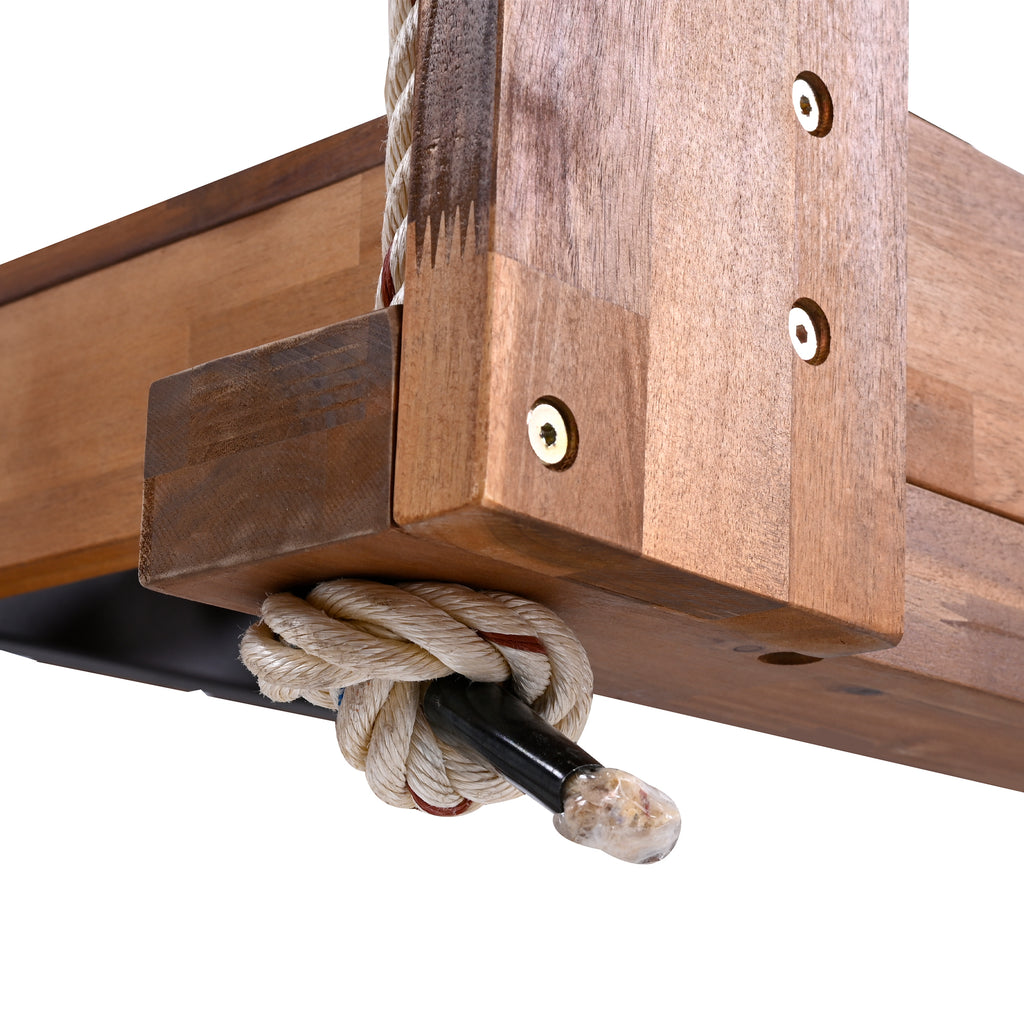 Twin size acacia wood porch swing bed with hemp ropes in natural finish, part of Anthony & Home's Atelier Collection.