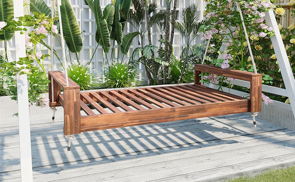 Twin size acacia wood porch swing bed with hemp ropes, natural finish from Anthony & Home Atelier Collection.