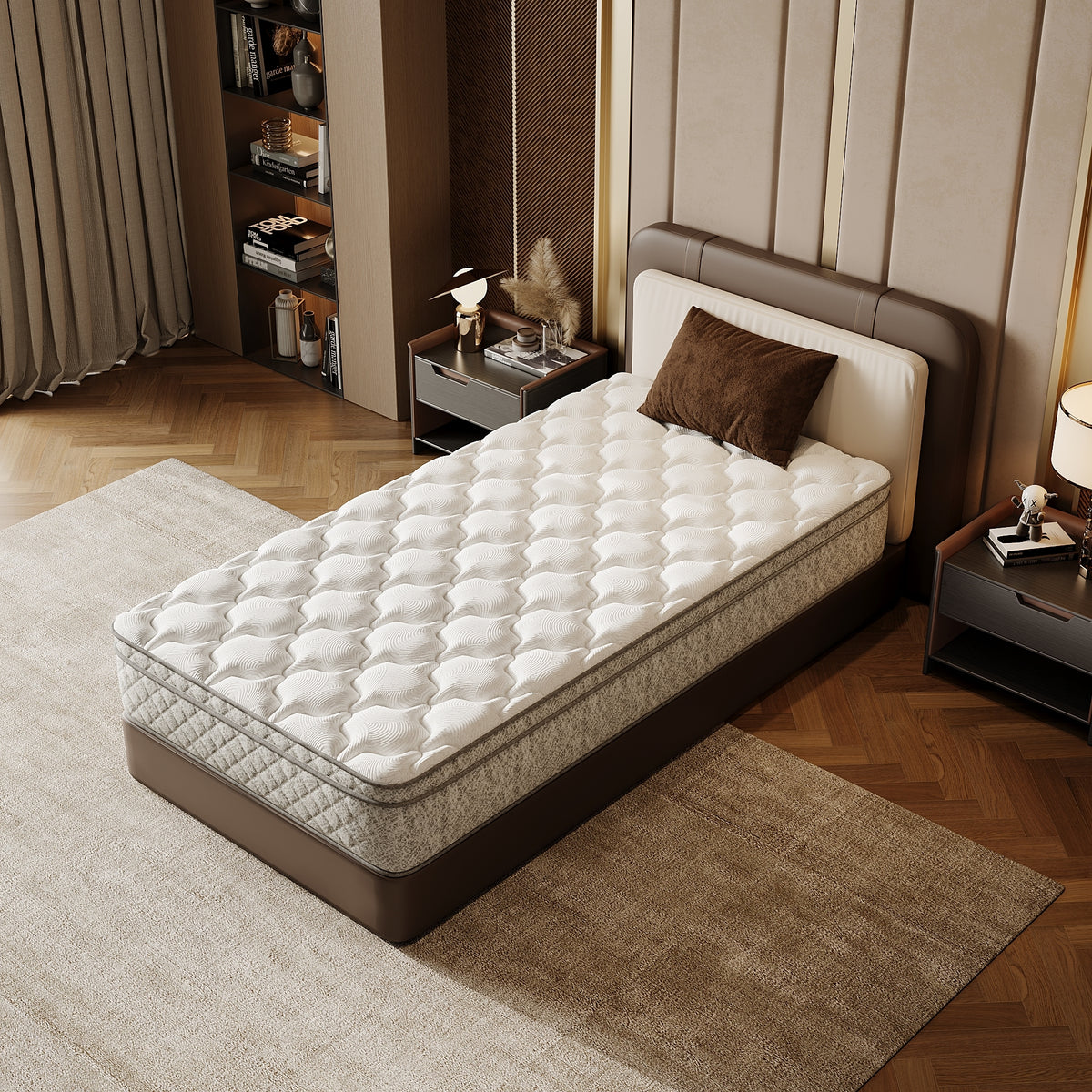 Twin size Anthony & Home memory foam hybrid mattress with pocket springs and zoned support, shown with a neutral bedroom setting.
