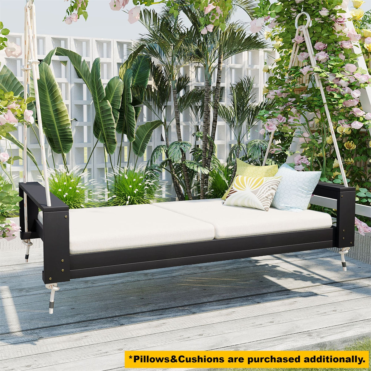 Twin size porch swing bed made of Acacia wood from Anthony & Home, featuring a weather-resistant finish in a minimalist design.