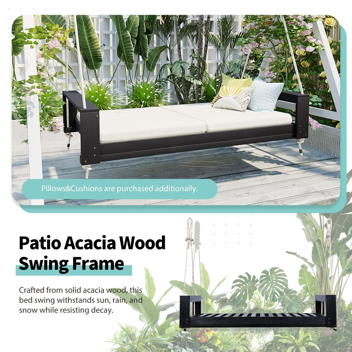 Twin size porch swing bed made of acacia wood from Anthony & Home, featuring a weather-resistant finish and minimalist design.