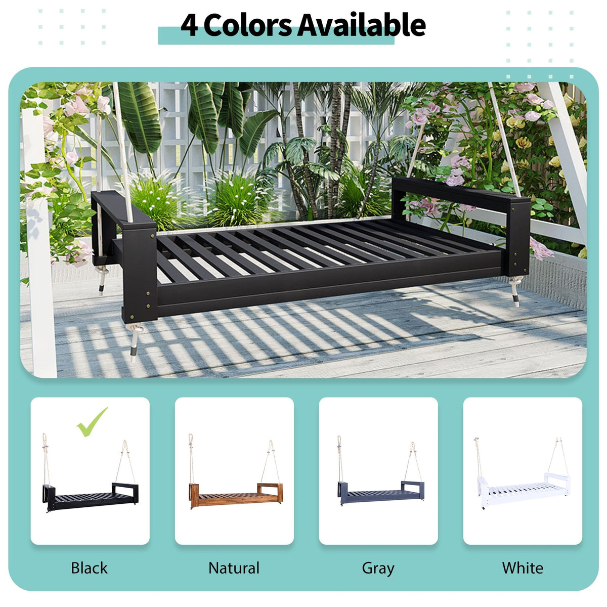 Twin size porch swing bed made from acacia wood with weather-resistant finish, featuring a minimalist design by Anthony & Home.