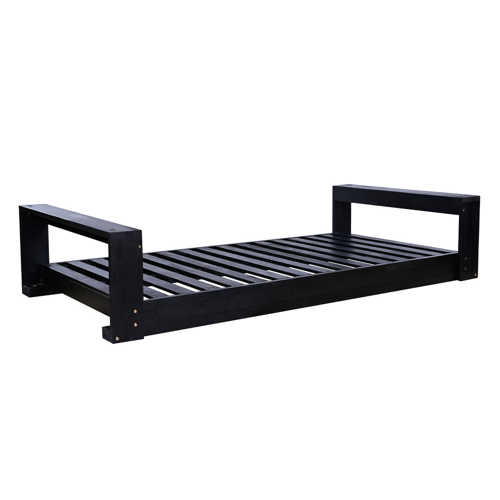Twin size porch swing bed made of acacia wood from Anthony & Home's minimalist collection, weather-resistant finish, shown outdoors.