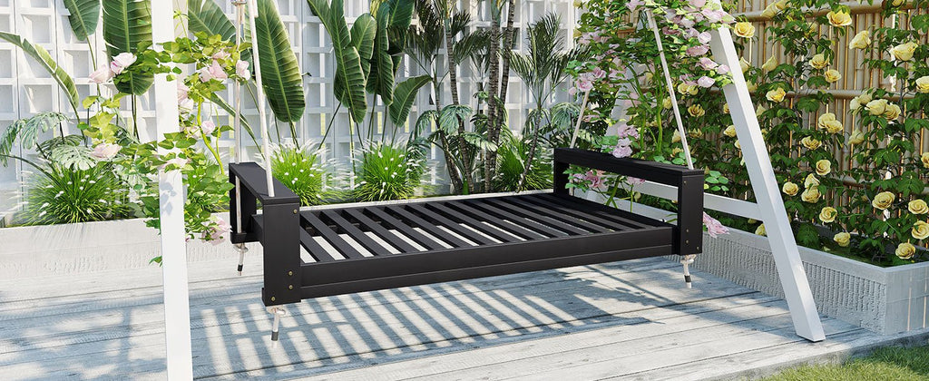 Twin size porch swing bed made of acacia wood from Anthony & Home’s minimalist collection, weather-resistant finish visible.