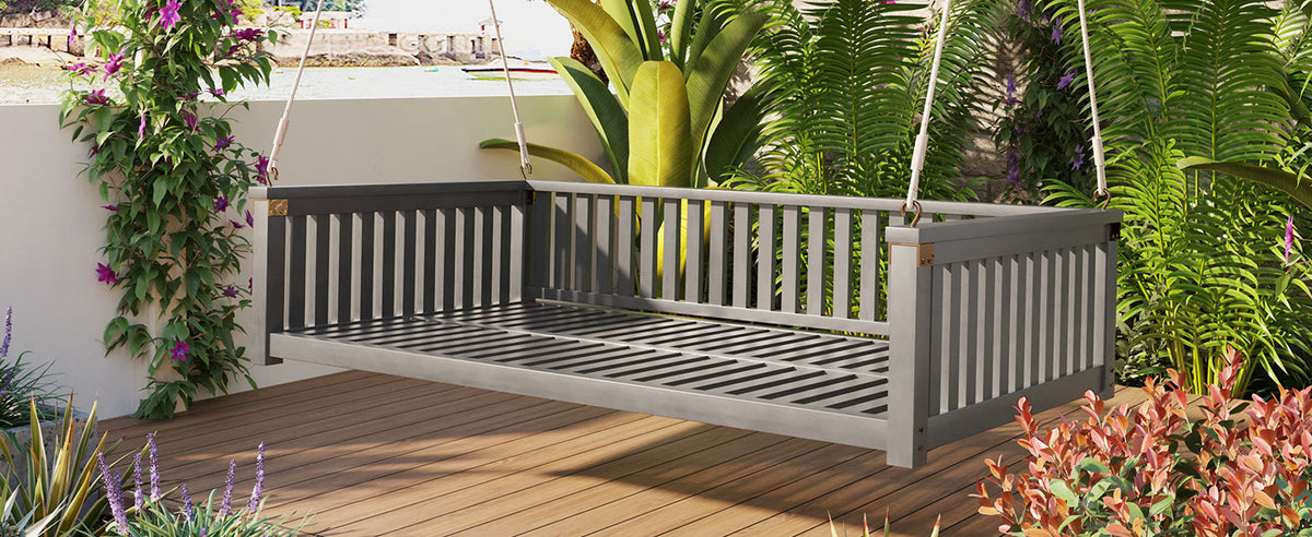 Twin size solid wood garden swing bed with rope, designed for outdoor relaxation, by Anthony & Home.