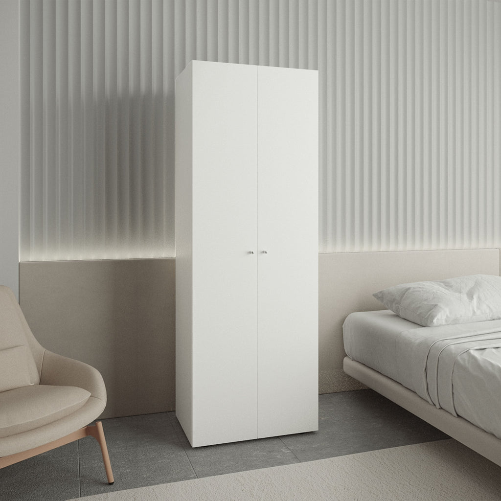White two-door closet armoire by Anthony & Home made of engineered wood, featuring a sleek modern design and ample storage space.