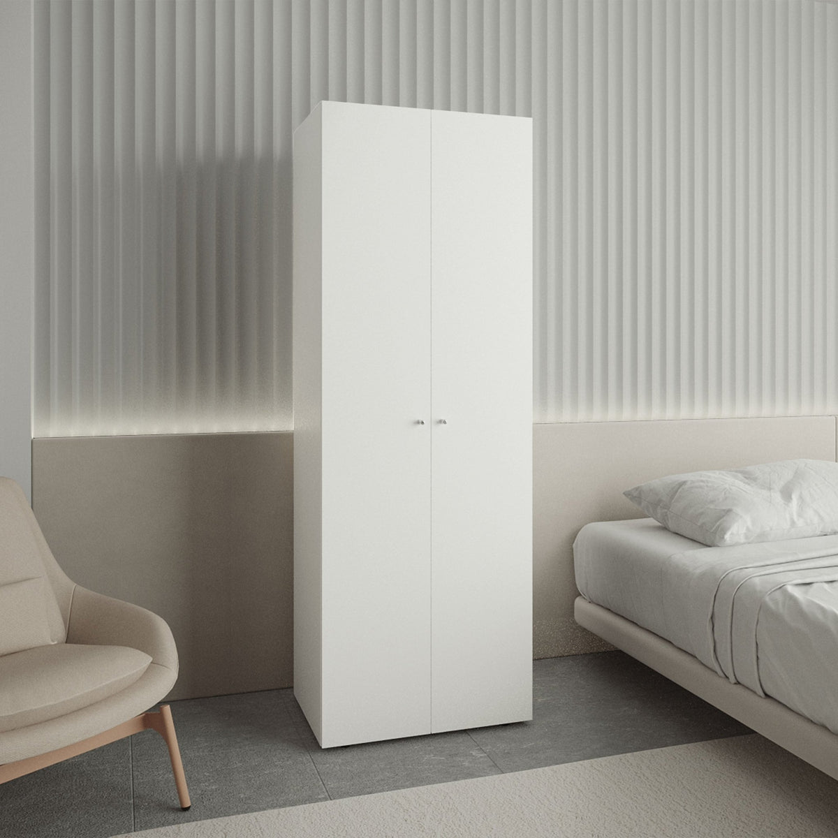 White two-door closet armoire by Anthony & Home made of engineered wood, featuring a sleek modern design and ample storage space.