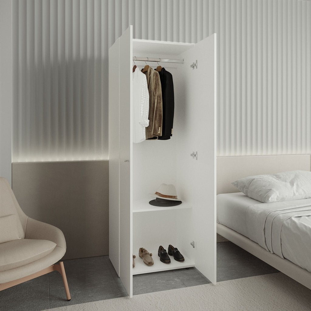 White two-door closet armoire made of engineered wood by Anthony & Home, featuring sleek doors and spacious interior storage.