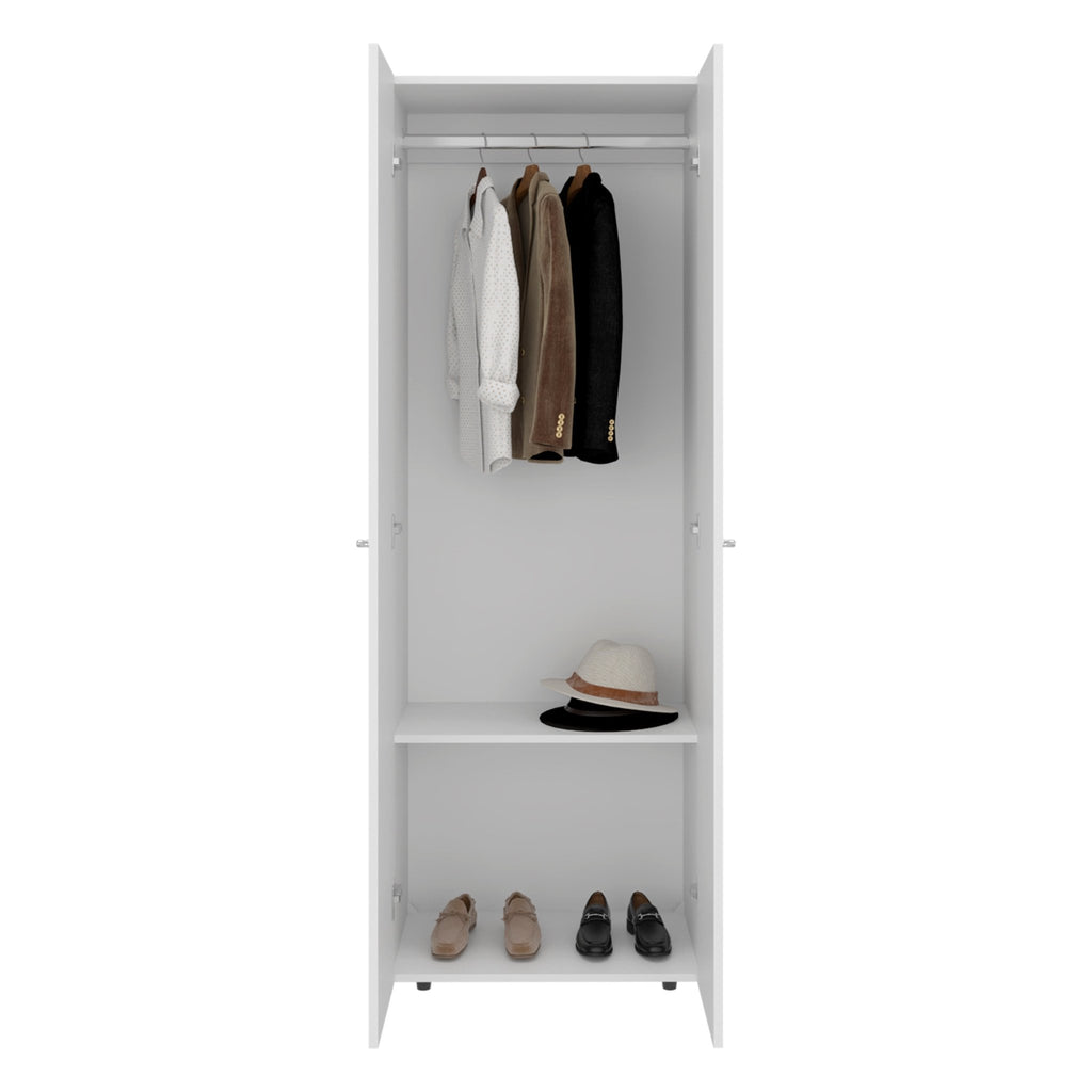 White engineered wood two-door closet armoire by Anthony & Home, featuring a sleek, modern design for studio storage.