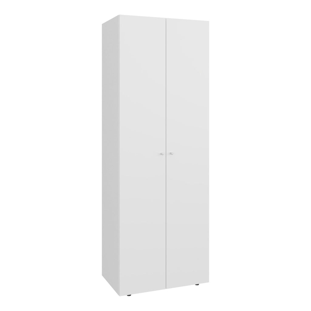White two-door closet armoire made of engineered wood from Anthony & Home, featuring a sleek, modern design for studio storage.