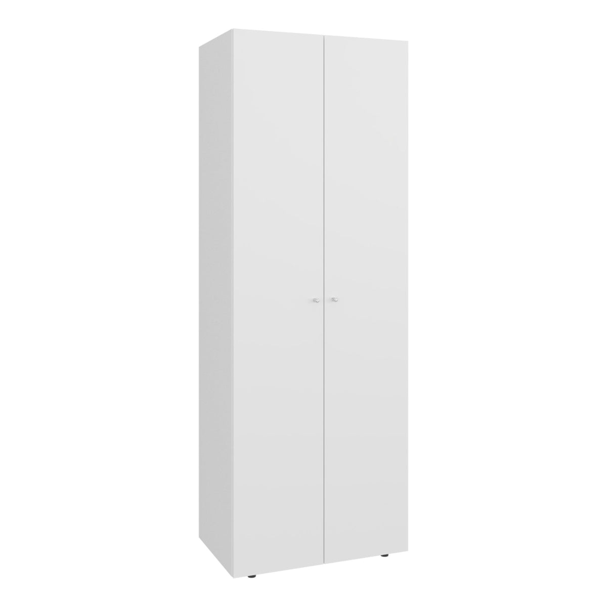 White two-door closet armoire made of engineered wood from Anthony & Home, featuring a sleek, modern design for studio storage.