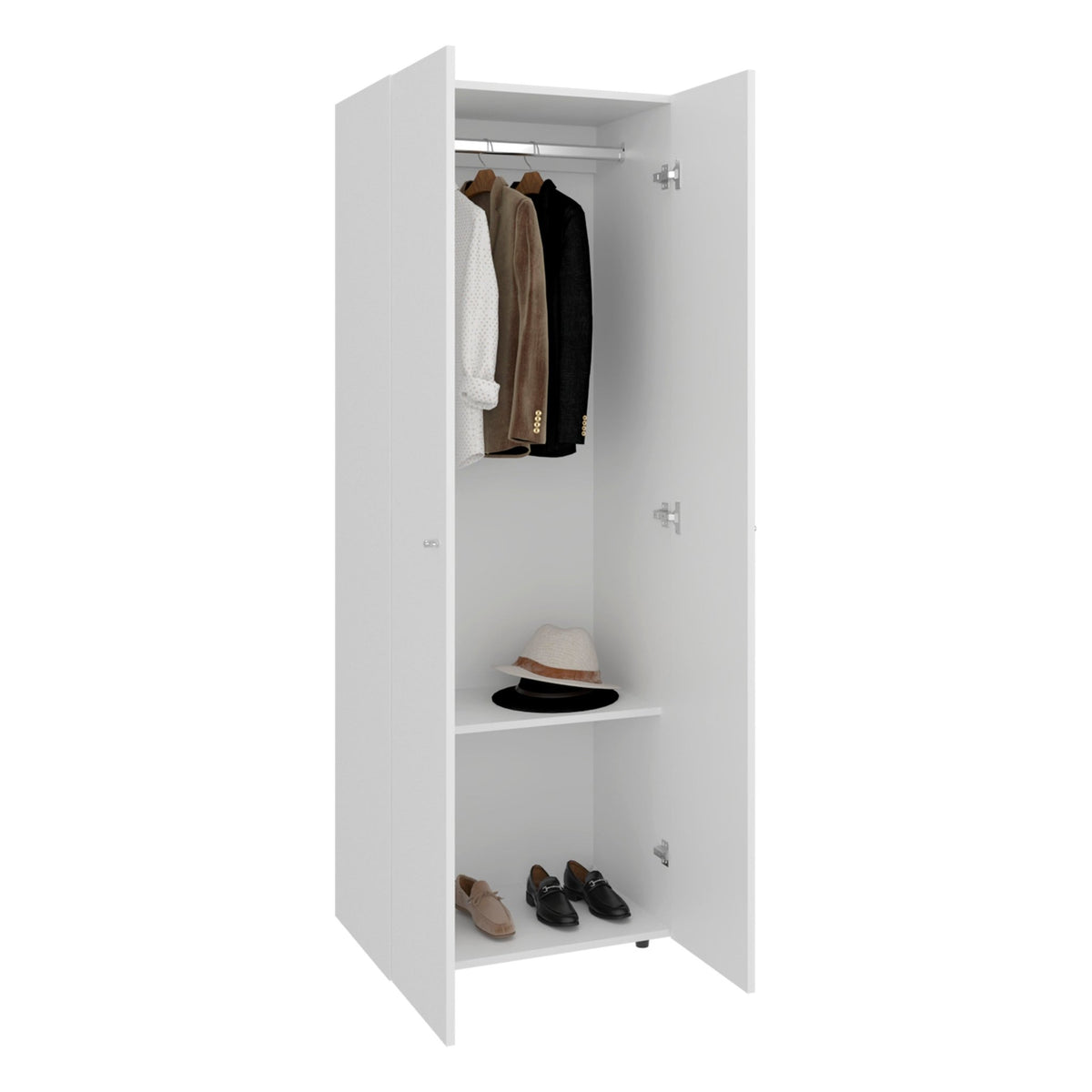 White two-door closet armoire made of engineered wood by Anthony & Home, featuring a sleek, modern design suitable for studio storage.