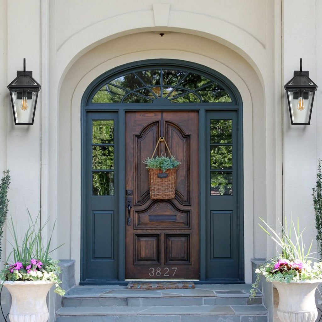 Two-pack outdoor wall lanterns in matte black die-cast finish, stylish lighting fixtures for exterior walls, by Anthony & Home