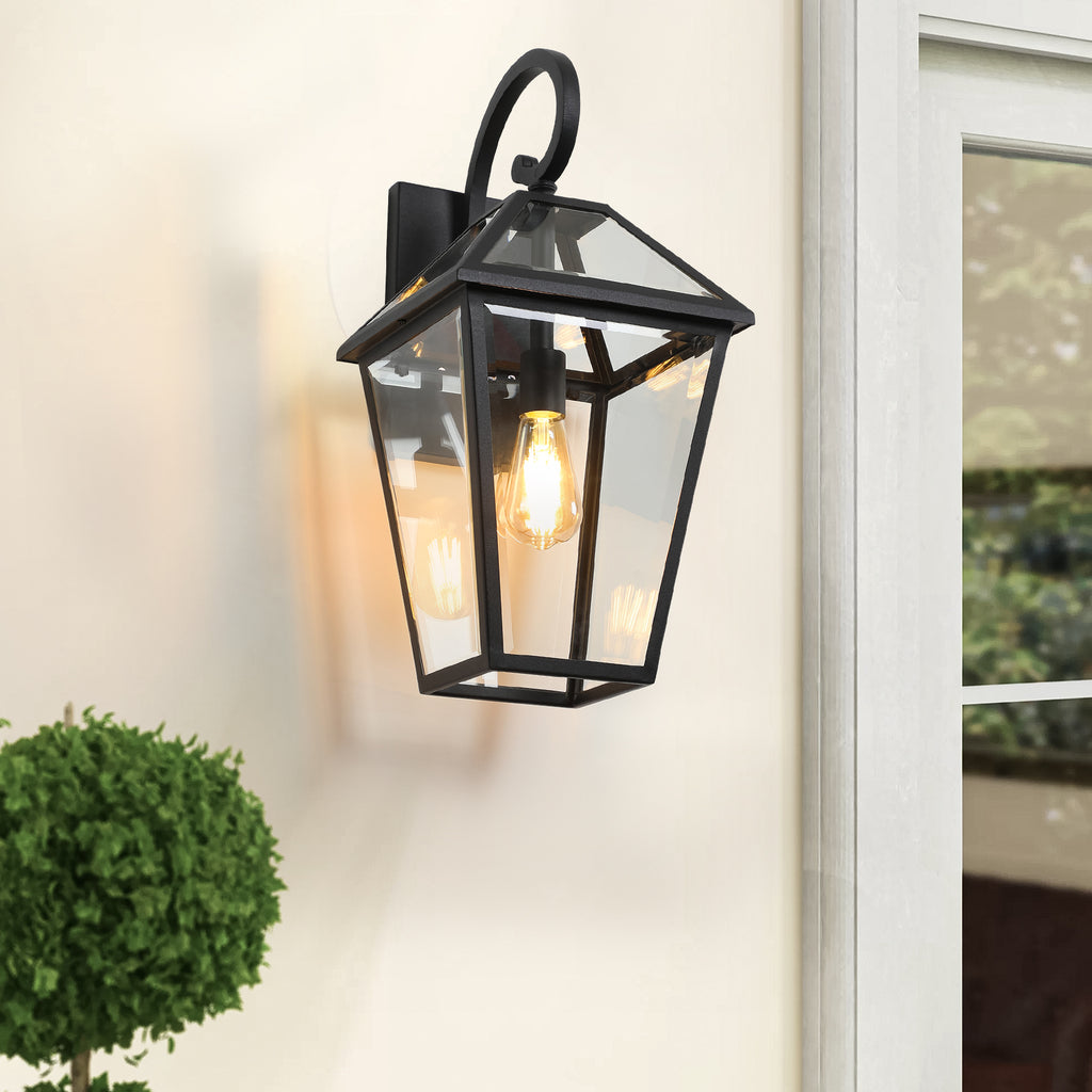 Two-pack outdoor wall lanterns in matte black die-cast, with classic lantern design for exterior lighting.