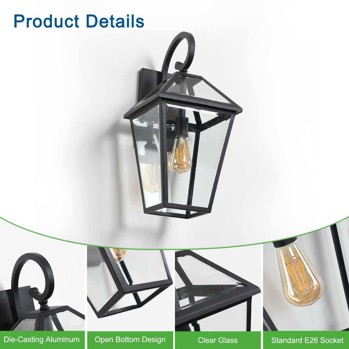 Two matte black die-cast outdoor wall lanterns from Anthony & Home mounted on exterior wall for outdoor lighting.