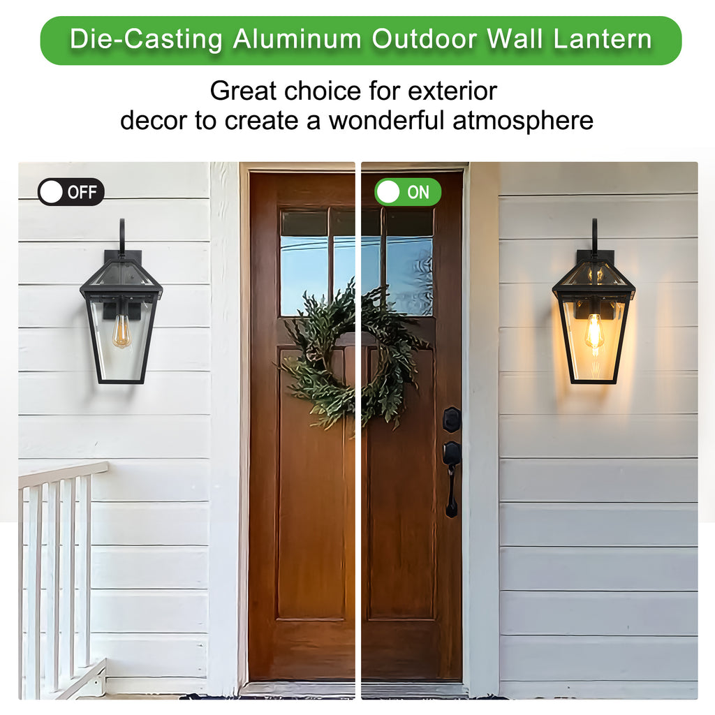 Two matte black die-cast outdoor wall lanterns from Anthony & Home, featuring classic design and durable weather-resistant construction.