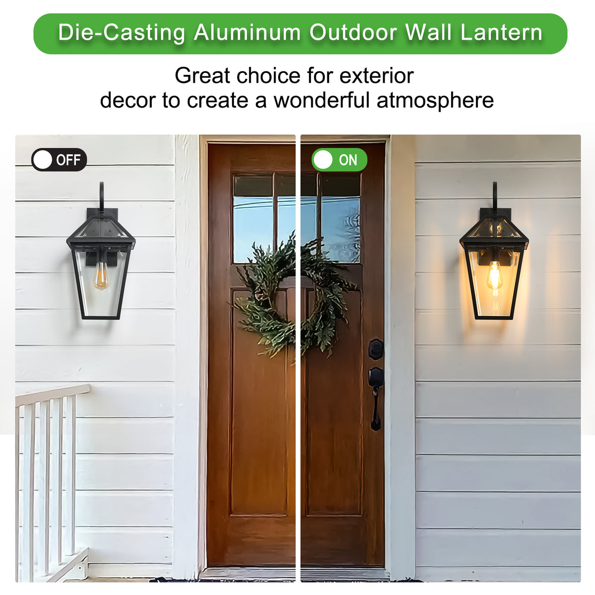 Two matte black die-cast outdoor wall lanterns from Anthony & Home, featuring classic design and durable weather-resistant construction.