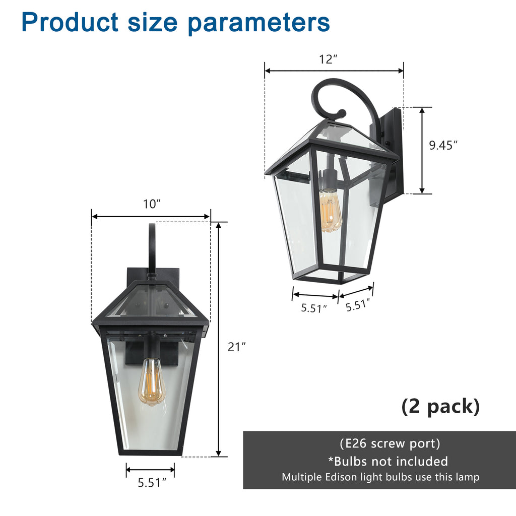 Two-pack outdoor wall lanterns in matte black die-cast finish, featuring classic design for exterior lighting.