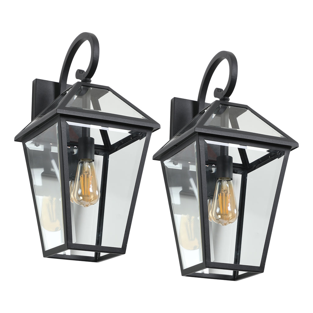 Two-pack outdoor wall lanterns in matte black die-cast with classic design, suitable for exterior lighting and decoration.