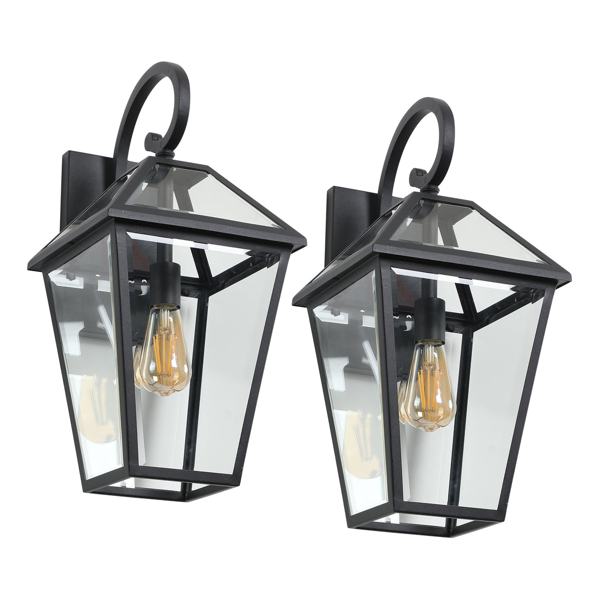 Two-pack outdoor wall lanterns in matte black die-cast with classic design, suitable for exterior lighting and decoration.