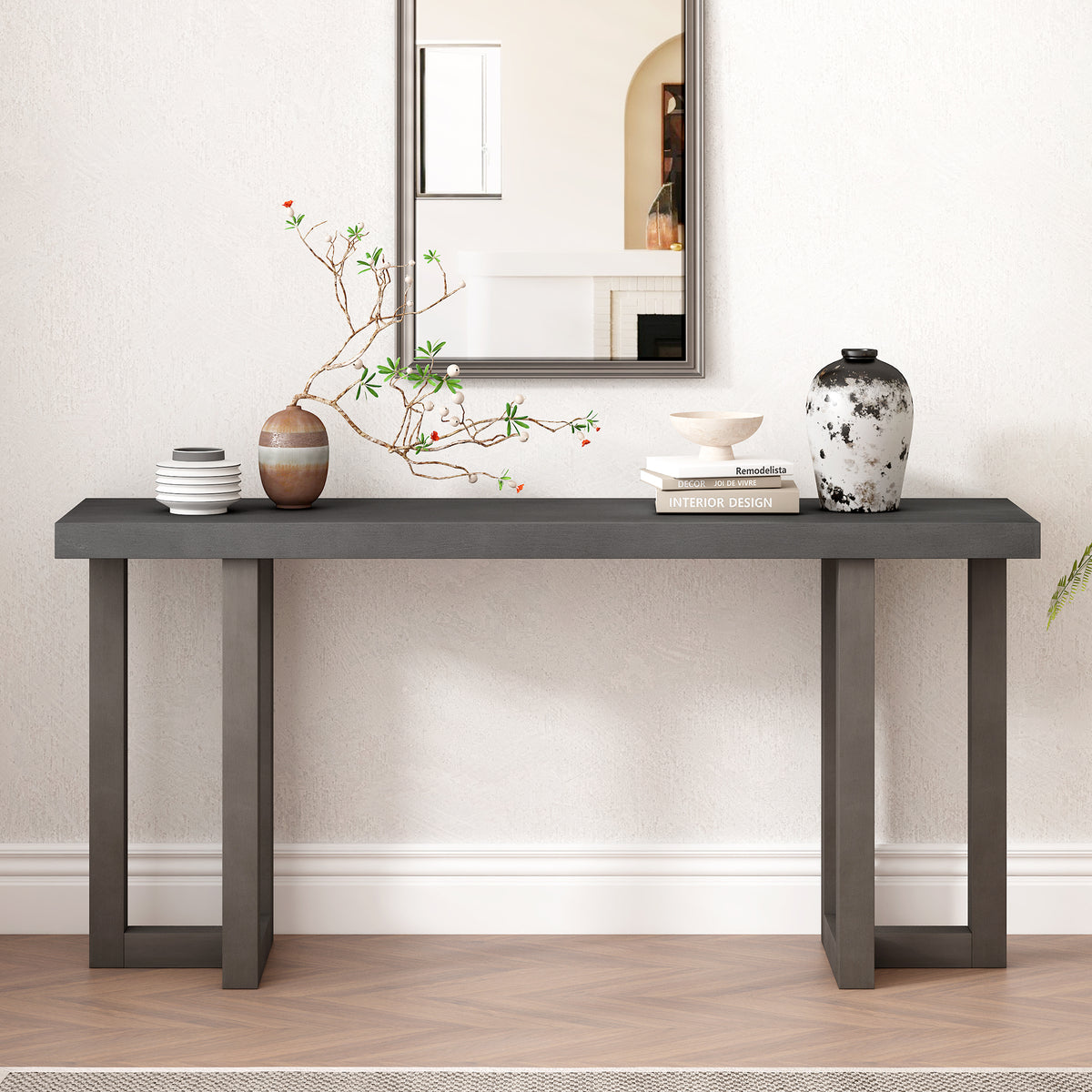 Dark gray U Style geometric console table with pine legs from Anthony & Home Limited Edition collection.