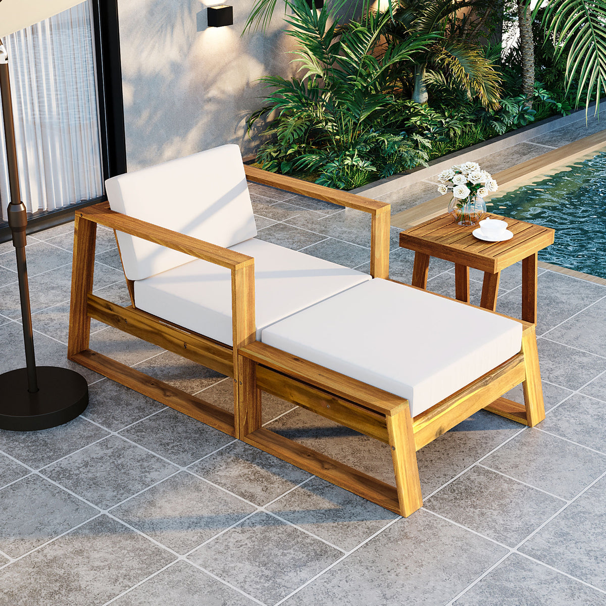 Anthony & Home U Style limited edition acacia wood outdoor lounge set with chair and ottoman, weather-resistant for patio relaxation.
