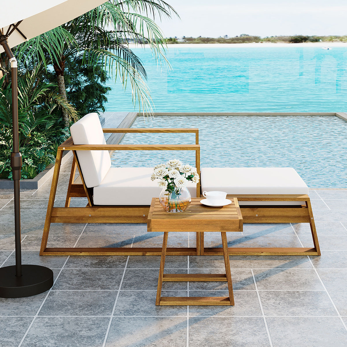 Anthony & Home U Style limited edition acacia wood outdoor lounge set with chair and ottoman, weather-resistant for outdoor use.
