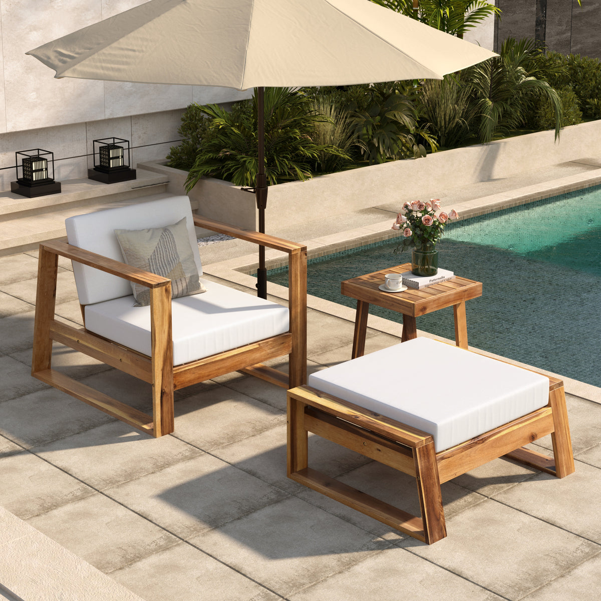 Anthony & Home U Style limited edition Acacia wood outdoor lounge set with chair and ottoman, designed for all weather outdoor use.