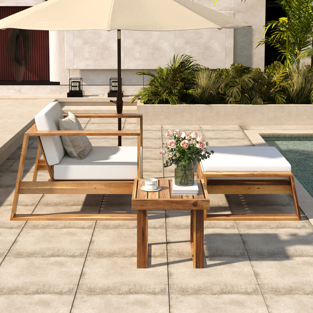 Anthony & Home U Style limited edition acacia wood outdoor lounge set with chair and ottoman, all-weather outdoor furniture.