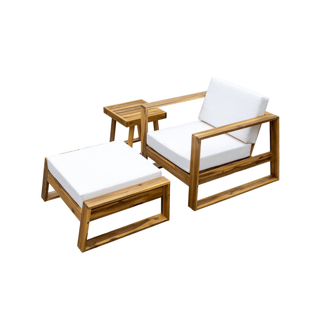 Anthony & Home U Style limited edition acacia wood outdoor lounge set with chair and ottoman, weather-resistant patio furniture.